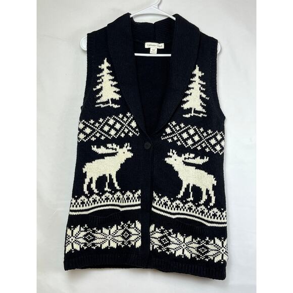 Coldwater Creek Women's Medium White/Black Holiday Moose Print One Button Vest - Picture 1 of 8